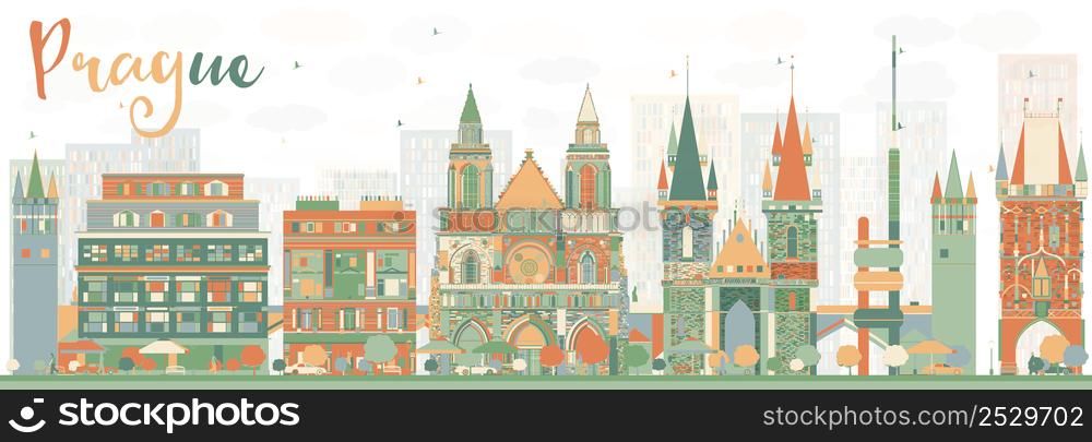 Abstract Prague Skyline with Color Buildings. Vector Illustration. Business Travel and Tourism Concept with Historic Architecture. Image for Presentation Banner Placard and Web Site.