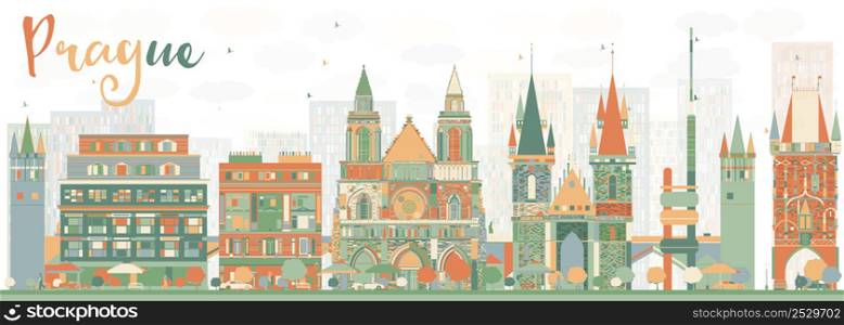 Abstract Prague Skyline with Color Buildings. Vector Illustration. Business Travel and Tourism Concept with Historic Architecture. Image for Presentation Banner Placard and Web Site.