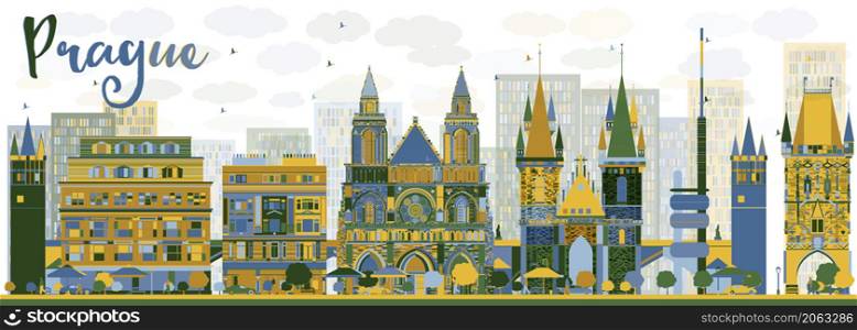Abstract Prague skyline with color landmarks. Vector illustration. Business and tourism concept with old buildings. Image for presentation, banner, placard or web site