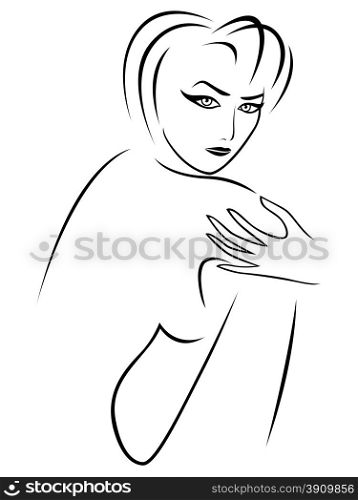 Abstract pretty girl sitting with half turn head, vector outline