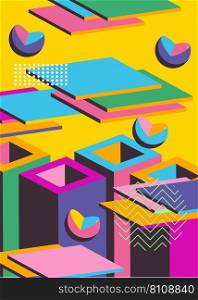 Abstract psychodelic background with geometric shapes. Retro banner and poster. Simple busy old cartoon volumetric vector. Vibrant geometrical graphic art illustration.