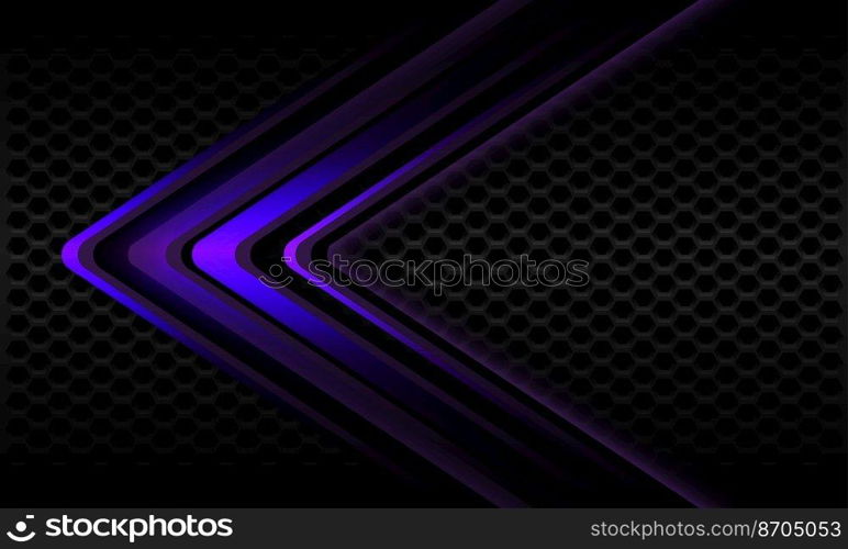 Abstract purple metallic arrow shadow direction geometric dark grey hexagon mesh design modern futuristic background vector illustration.
