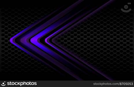 Abstract purple metallic arrow shadow direction geometric dark grey hexagon mesh design modern futuristic background vector illustration.