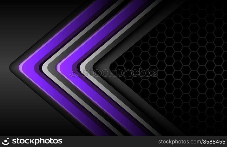 Abstract purple silver twin arrow direction geometric on grey metallic hexagon mesh design modern futuristic background vector illustration.