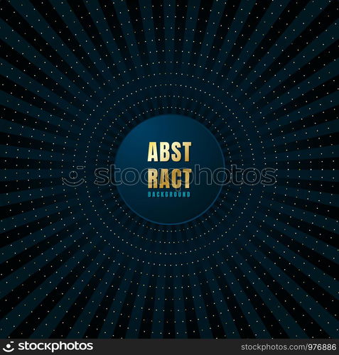 Abstract radial blue circle label center with golden dots pattern glitter shining on dark background. Luxury style geometric. Vector illustration