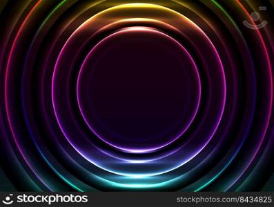 Abstract radial motion lines circles glowing neon luminous lighting effect bright energy rays on dark background. Vector illustration