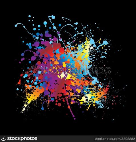 Abstract rainbow ink splat black background with room for text