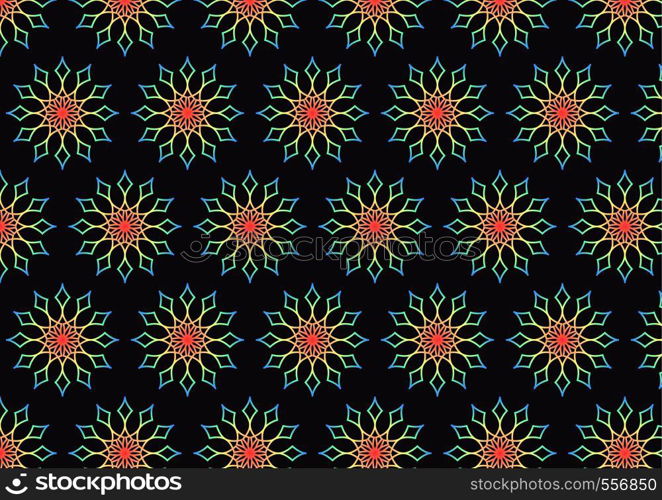 Abstract rainbow rhomboid and flower pattern on black background. Modern line art style.