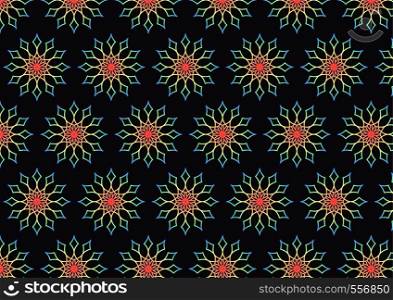 Abstract rainbow rhomboid and flower pattern on black background. Modern line art style.