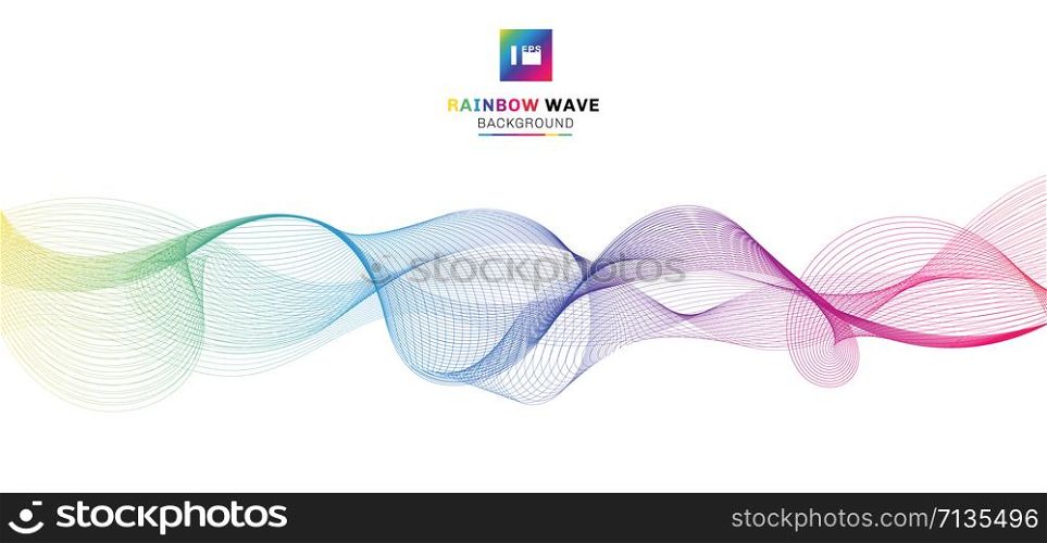 Abstract rainbow wave lines flowing on white background. Colorful color motion smooth design elements in concept sound, music, science, technology. Vector illustration