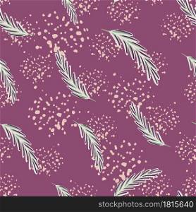 Abstract random seamless pattern with doodle feather elements. Purple background with splashes. Perfect for fabric design, textile print, wrapping, cover. Vector illustration.. Abstract random seamless pattern with doodle feather elements. Purple background with splashes.