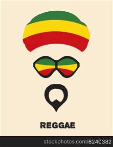 Abstract Rastaman man&apos;s face with a beard, glasses and colored beret. Icon reggae musical &#xA;style. Musical poster. Stock vector