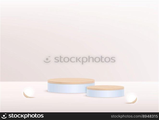 Abstract realistic 3D minimal scene with geometric forms. cylinder wood podium set with pastel. product presentation, mock up, show cosmetic product display presentation. 3d vector 