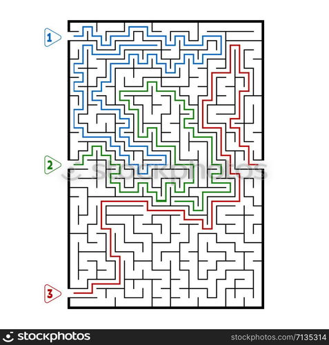 Abstract rectangular large maze. Game for kids. Puzzle for children. Three entrances, one exit. Labyrinth conundrum. Flat vector illustration isolated on white background. With answer.