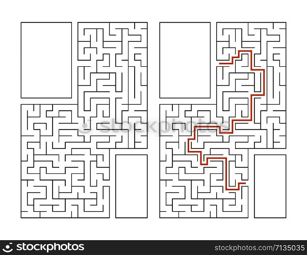 Abstract rectangular maze. Game for kids. Puzzle for children. Labyrinth conundrum. Flat vector illustration isolated on white background. With answer. With place for your image. Abstract rectangular maze. Game for kids. Puzzle for children. Labyrinth conundrum. Flat vector illustration isolated on white background. With answer. With place for your image.