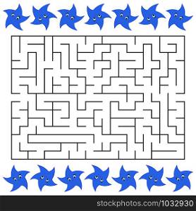 Abstract rectangular maze with a cute color cartoon character. Blue stars. An interesting and useful game for children. Simple flat vector illustration isolated on white background.