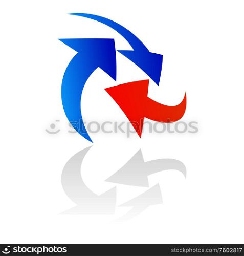 Abstract red and blue arrows with reflection isolated. Vector chaotic movement of pointers. Arrows isolated, chaotic moving pointers