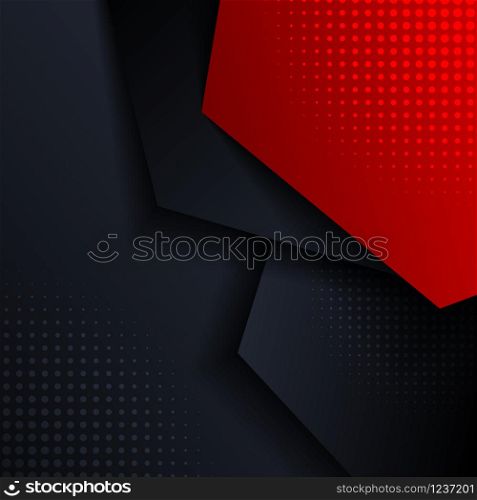 Abstract red and blue geometric hexagon direction overlay layered with shadow and halftone on dark background and texture. Vector illustration