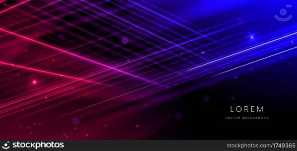 Abstract red and blue light diagonal lines  on black background with lighting effect and bokeh. Vector illustration