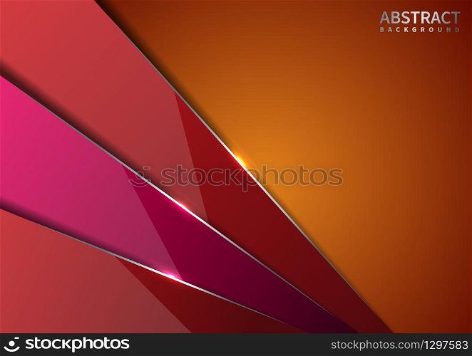Abstract red and pink diagonal overlapping layers glossy on orange background with shadow with silver line modern style with copy space for text. Vector illustration