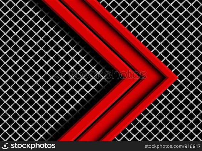 Abstract red arrow direction overlap on grey metal square mesh design modern futuristic background vector illustration.