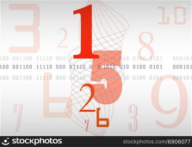 Abstract red background with numbers, code and spiral lines. Vector.