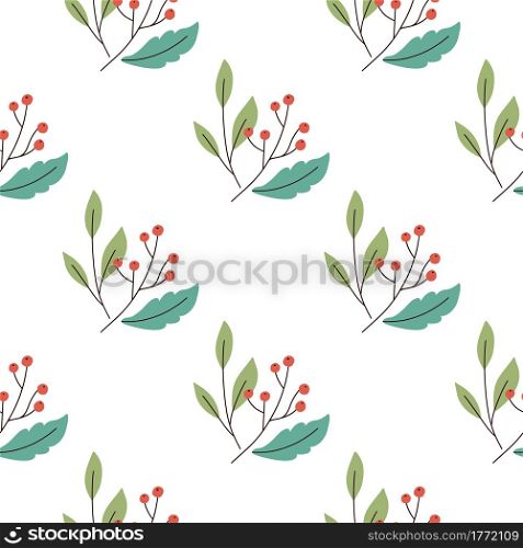 Abstract red berry elements with green leaves seamless pattern. Isolated white background. Decorative print. Great for fabric design, textile print, wrapping, cover. Vector illustration.. Abstract red berry elements with green leaves seamless pattern. Isolated white background. Decorative print.