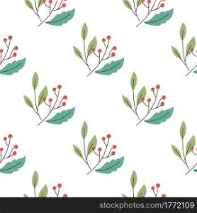 Abstract red berry elements with green leaves seamless pattern. Isolated white background. Decorative print. Great for fabric design, textile print, wrapping, cover. Vector illustration.. Abstract red berry elements with green leaves seamless pattern. Isolated white background. Decorative print.