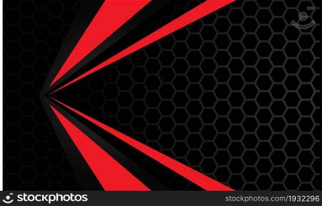Abstract red black arrow speed direction on grey metallic hexagon mesh technology design modern futuristic background vector illustration.