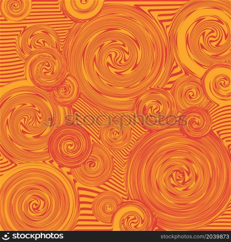 Abstract red curve lines and spiral vortex on orange background. Vector illustration