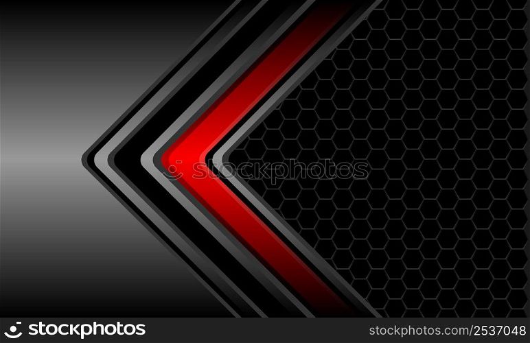 Abstract red dark grey metallic arrow direction black hexagon mesh design modern futuristic technology background vector illustration.
