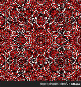 Abstract red floral seamless pattern with lush flowers, decorated by ethnic ornamental elements, for background or textile design. Seamless abstract geometric floral pattern