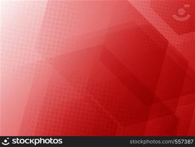 Abstract red geometric hexagons overlapping background with halftone radial texture. Vector illustration