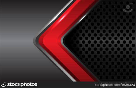 Abstract red glossy arrow direction on grey metallic with circle mesh pattern design modern futuristic technology luxury background texture vector illustration.