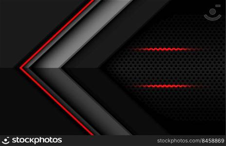 Abstract red grey black metallic arrow direction geometric shape with circle mesh pattern blank space design modern futuristic background vector illustration.