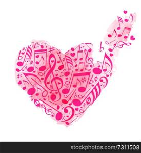 Abstract red heart of musical notes on a white background with pink watercolor texture. Vector illustration.