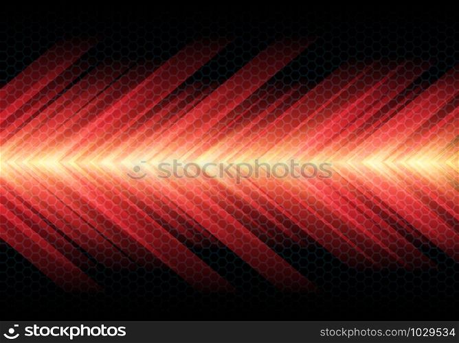 Abstract Red hot arrow light speed on dark hexagon mesh pattern design modern futuristic background vector illustration.