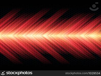 Abstract Red hot arrow light speed on dark hexagon mesh pattern design modern futuristic background vector illustration.