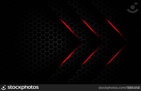 Abstract red light arrow direction overlap on dark grey metallic hexagon mesh pattern design modern luxury futuristic background vector illustration.