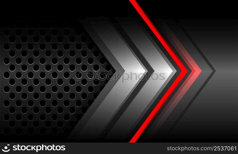 Abstract red light neon grey metal arrow direction geometric with circle mesh technology futuristic design modern background vector illustration.
