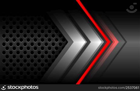 Abstract red light neon grey metal arrow direction geometric with circle mesh technology futuristic design modern background vector illustration.