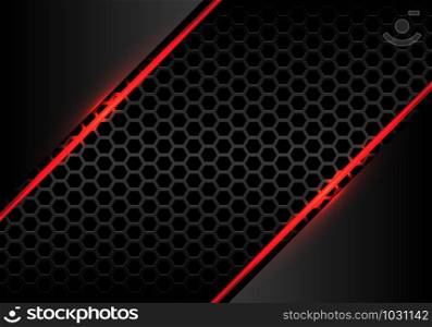 Abstract red line fire light with grey metallic on hexagon mesh design modern futuristic background vector illustration.