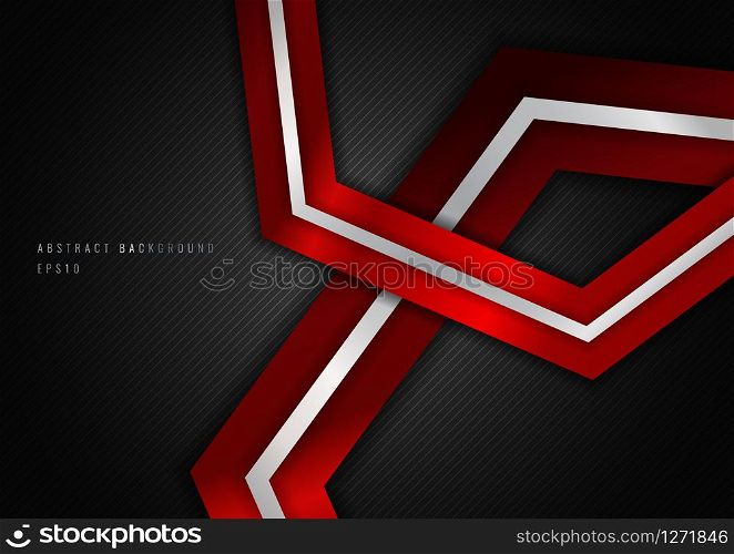 Abstract Red Metalic Geometric Hexagon with Silver Line Metal Overlapping Layer on Black Background. Vector Illustration