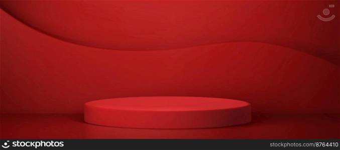 Abstract red room with podium, platform or stage. Illuminated cylindrical pedestal or scene for product presentation. Round display geometric rendering design, Realistic 3d vector illustration. Abstract red room with podium, platform or stage