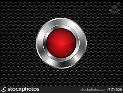 Abstract red silver button circle power on dark metallic hexagon mesh design modern futuristic background vector illustration.