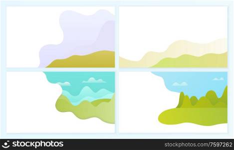 Abstract representation of horizon vector, set of blurry clear sky with clouds, lawn and green grass. Mountain with greenery and bushes in distance. Ground and Sky with Clouds, Mountains Hills Set