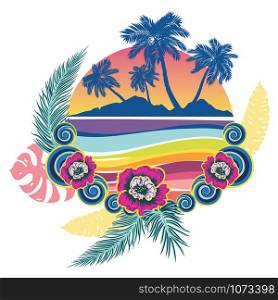Abstract retro design of beach, palm trees and sea waves background.