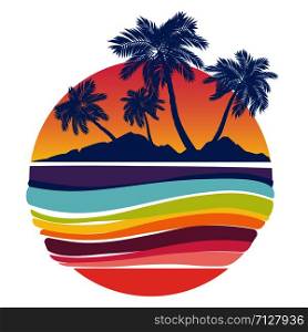Abstract retro design of beach, palm trees and sea waves background.