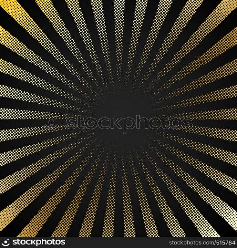 Abstract retro shiny starburst black background with gold dots pattern texture halftone style. Vintage rays backdrop, boom, comic. Cartoon pop art template. Vector illustration