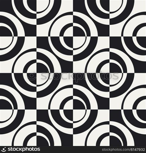 Abstract Ring and Square Pattern. Vector Seamless Monochrome Background. Regular Checkered Texture